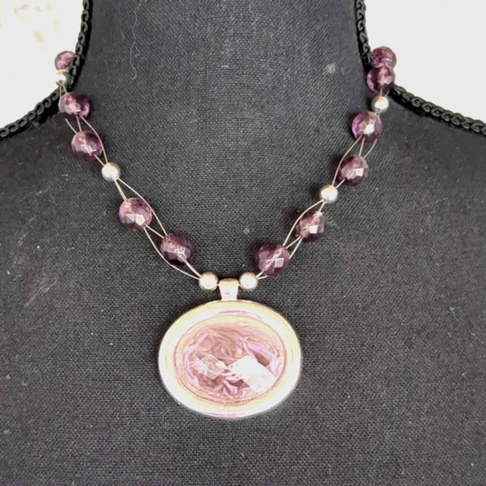 Faux Amethyst Necklace Pendant Purple Beads Adjustable Wire Silvertone Choker